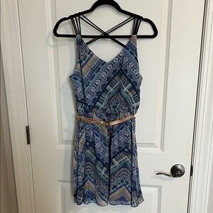 by & by Blue and Tan Patterned Mini Dress